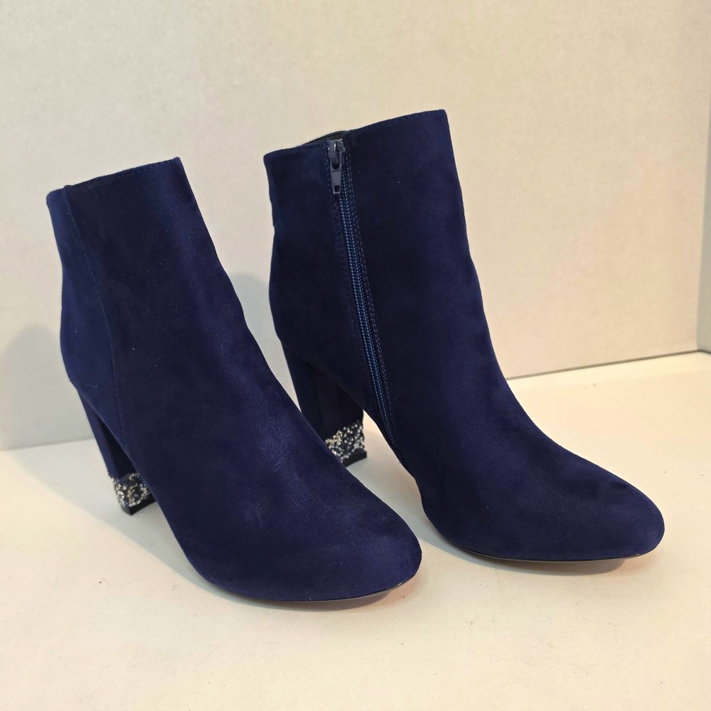 XOXO Women's Blue Suede Ankle Booties Size 11M Side Zip Round Toe Rhinestone